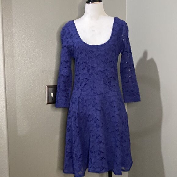 Free People Navy 3/4 Sleeve Lace Overlay Minidress Women's - Picture 3 of 13